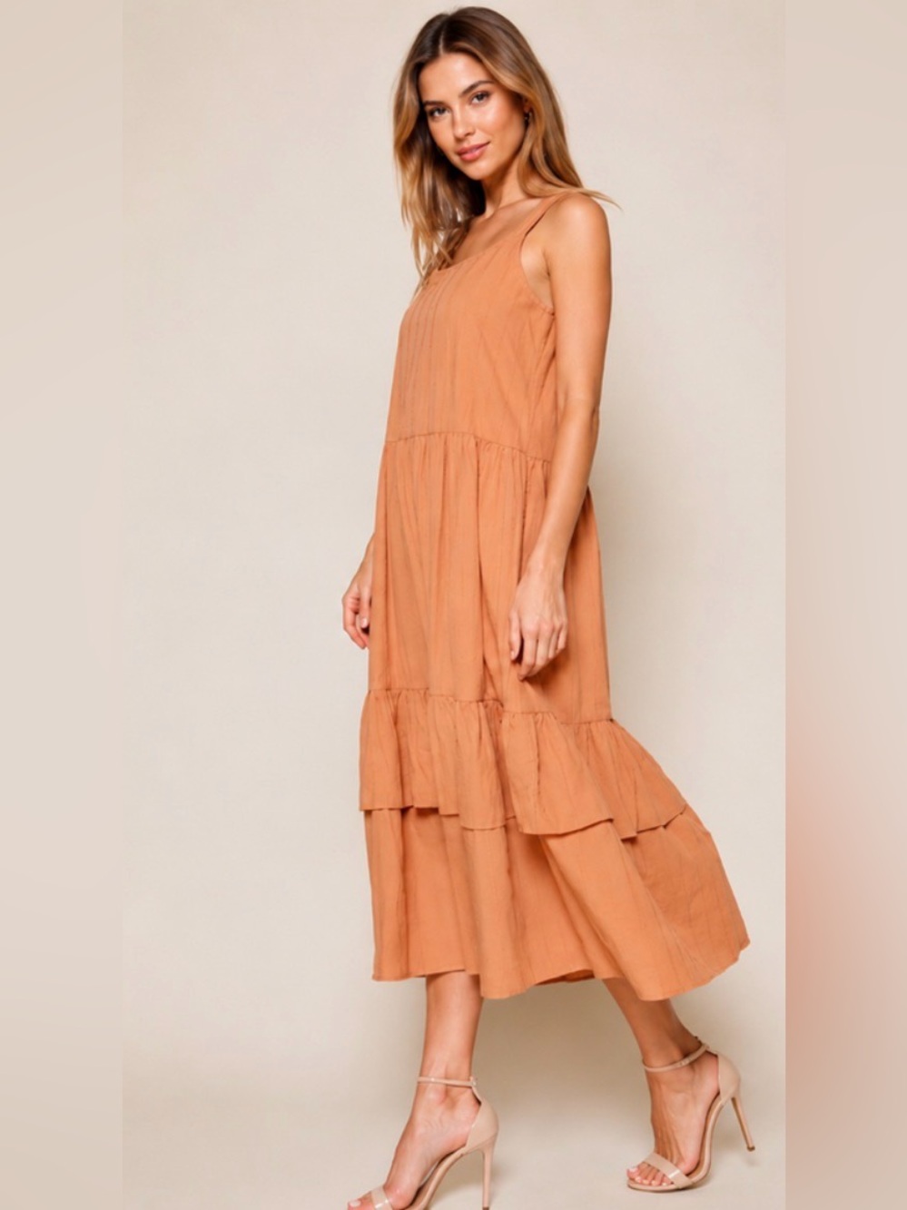 ⭐️Monique Rust/Orange Sleeveless Double Ruffle Dress - Picture 5 of 5